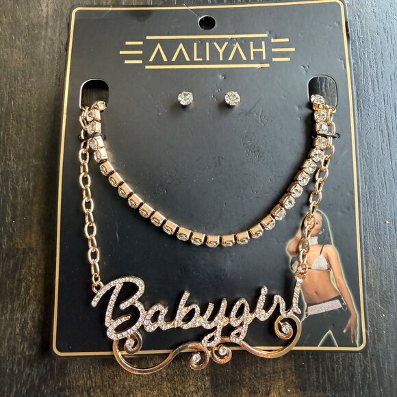 Y2K Aaliyah Jewelry Set Gold Rhinestone CZ Earring Studs Necklace Babygirl Chain - Picture 4 of 6